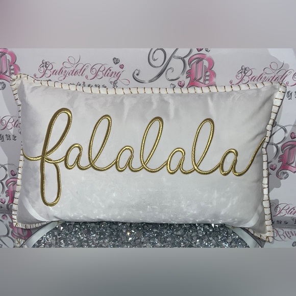 Falalala pillow Christmas decor white gold shimmer embroidered XMAS holidays - Picture 3 of 8